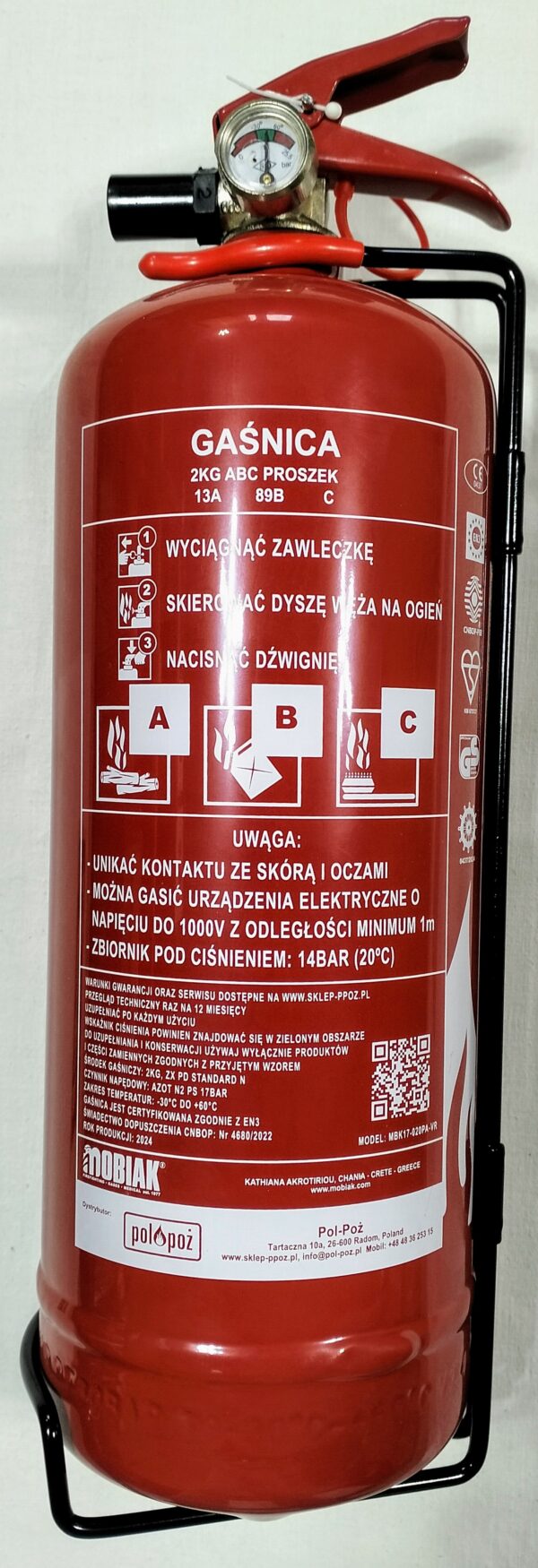 Gaśnica proszkowa 2kg ABC + wieszak